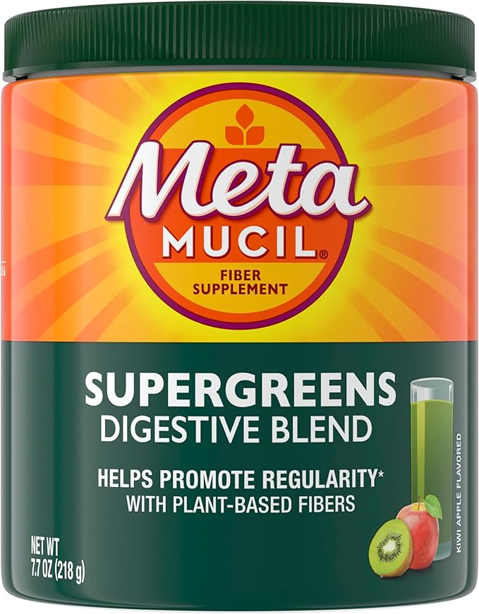 Metamucil Greens SuperFood Powder Fiber Supplement for Digestive Health* and Regularity*, Gluten Free Plant-Based Stevia, Great Taste Kiwi Apple Flavored, 3g Dietary Fiber per Serving, 42 Servings