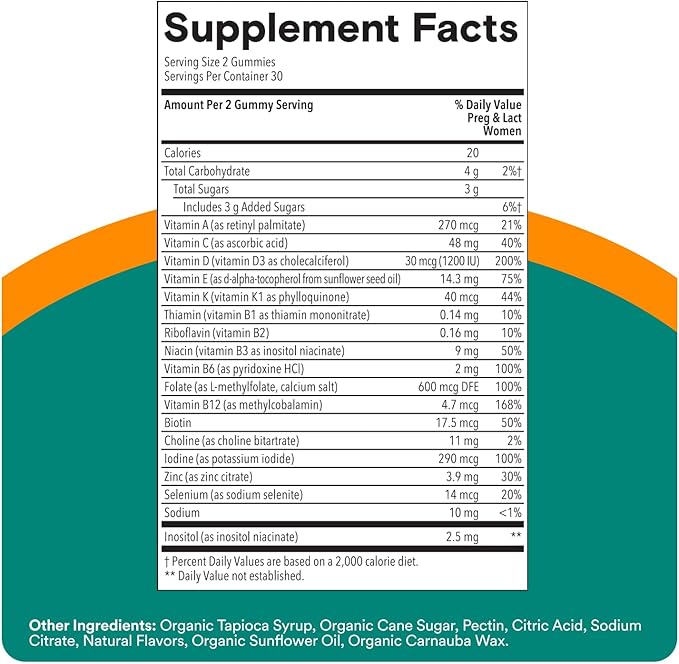 SmartyPants Prenatal Vitamins for Women, Multivitamin Gummies: Pre and Postnatal Vitamins, Biotin, Methylfolate, Vitamin D3, C, Vitamin B12, B6, A, K & Zinc, Inositol, 60 Count (30 Day Supply)