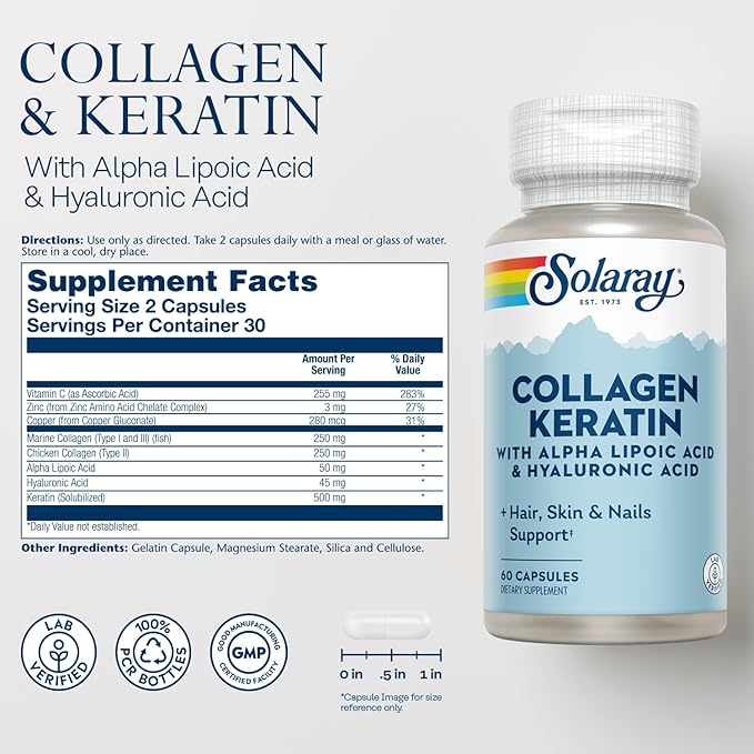 SOLARAY Collagen Keratin with Alpha Lipoic Acid and Hyaluronic Acid - Type I, II and III Collagen Pills - Hair, Skin, Nails, and Joint Health Support - 30 Servings, 60 Capsules