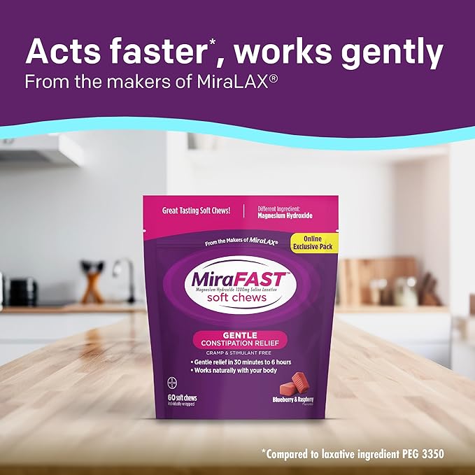 MiraFAST Soft Chews, from the makers of MiraLAX, Gentle Constipation Relief in 30min-6hrs, Fast Acting Laxative, Stimulant Free Saline Laxative, Magnesium Hydroxide, Blueberry & Raspberry Flavor, 60ct