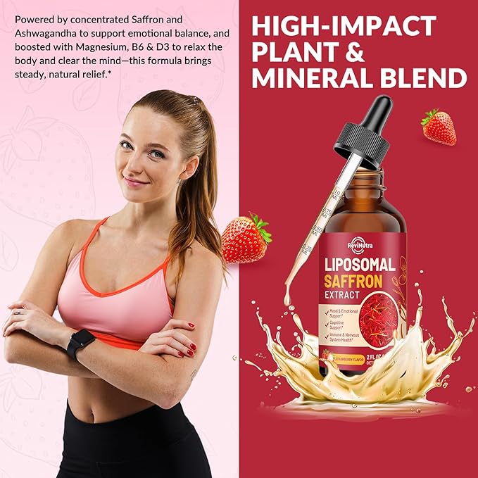 Saffron Supplements - 88.5mg Saffron Extract Liposomal Liquid Drops with Magnesium, Zinc, Ashwagandha, L-Theanine, Vitamin B6, D3 for Antioxidant Mood Energy Vision & Focus, Strawberry Flavor 2 Fl Oz