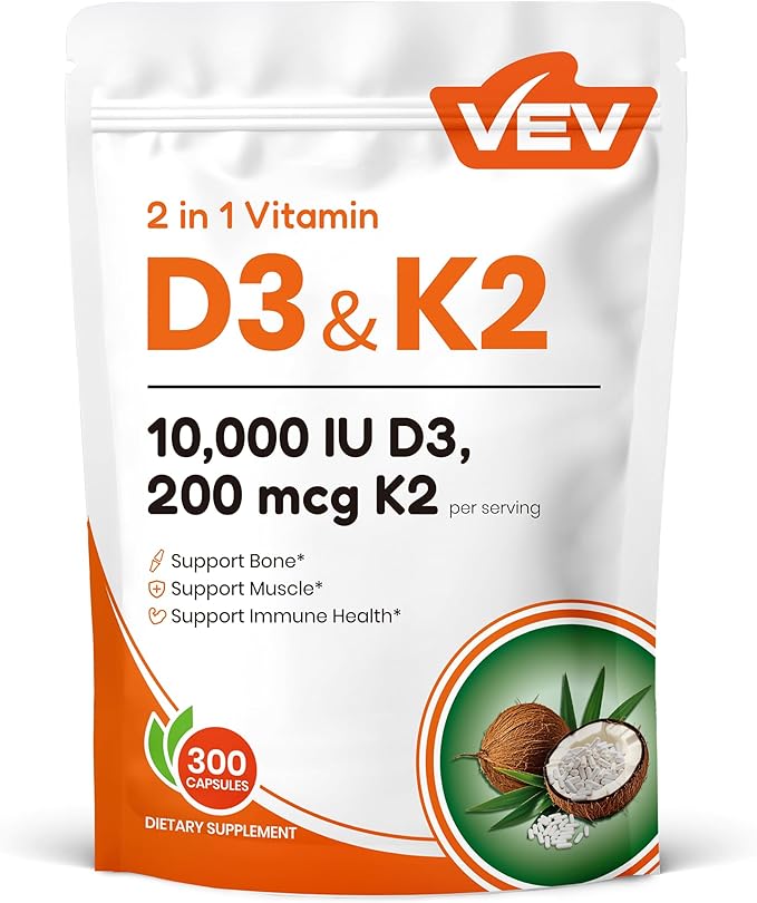 VEV Vitamin D3 K2, 10,000 IU D3, 200mcg K2 (with MK7), Supports Bone and Teeth Health, Dual Nutrient Support for Daily Wellness, Easy to Swallow (Packaging May Vary) – 300 Capsules