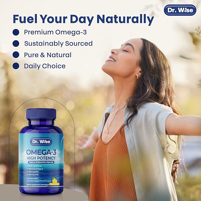 Dr. Wise Omega-3 Fish Oil 3600mg - One Per Day - Triple Strength EPA 1300mg & DHA 860mg - Burpless Lemon Flavor - Heart, Brain & Joint Support - High Potency Supplement - 90 Softgels - Made in USA.