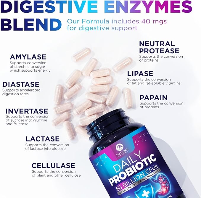Probiotics 60 Billion CFU - 10 Strains + Digestive Enzymes & Prebiotics - Best Probiotic for Women & Men, Supports Immune, Gut Health, Occasional Constipation, Diarrhea, Gas & Bloating - 60 Capsules