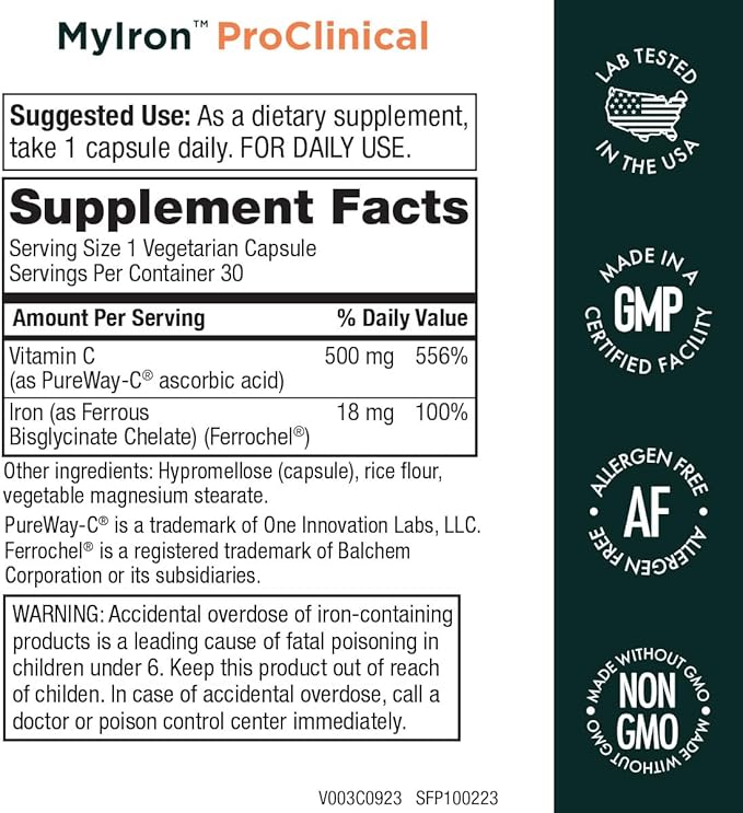 MyIron ProClinical by Purity Products - Iron (Ferrous Bisglycinate Chelelate) + Vitamin C (PureWay-C) - Gentle on The Stomach - Controlled Absorption - Promotes Healthy Red Blood Cells - 30 Count (1)