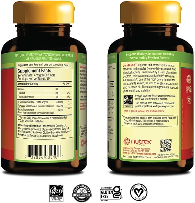 Nutrex Hawaii JointAstin - 12 mg, 120 Softgels - Joint Support Supplement with Glucosamine & BioAstin Hawaiian Astaxanthin - Farm-Direct Antioxidant Supplement Joint, Eye, Skin & Immune System Health*