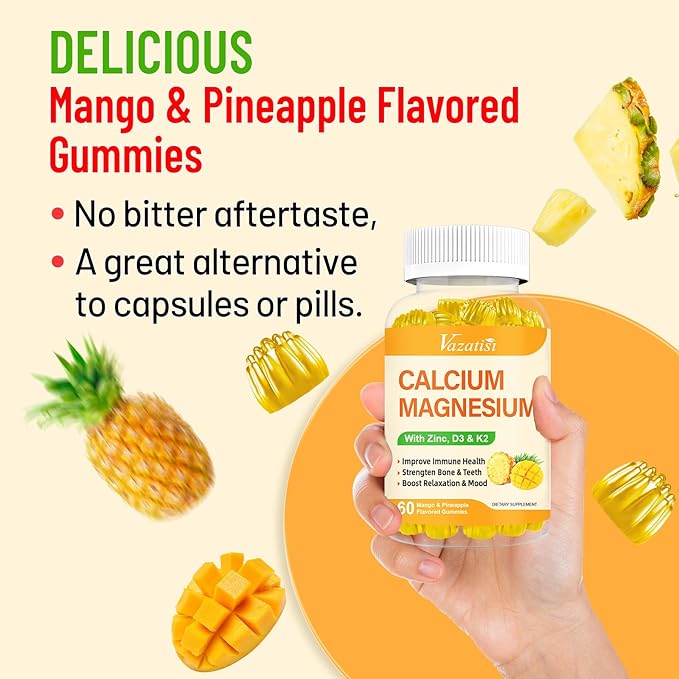 Calcium Magnesium Zinc Gummies with Vitamin D3 and K2, High Absorption Magnesium Glycinate Potassium for Immune and Calm Mood, Vegan Mango and Pineapple Flavor 60 Gummies
