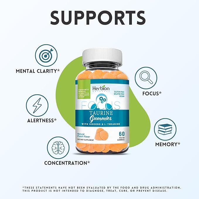 HERBION Naturals Taurine Gummies with Ginseng, L-Theanine, Vitamin C, B3, B6, & B12, Support Mental Clarity & Concentration*, Natural Peach Flavor, Gluten-Free, USA Made, 240 Count (Pack of 4)