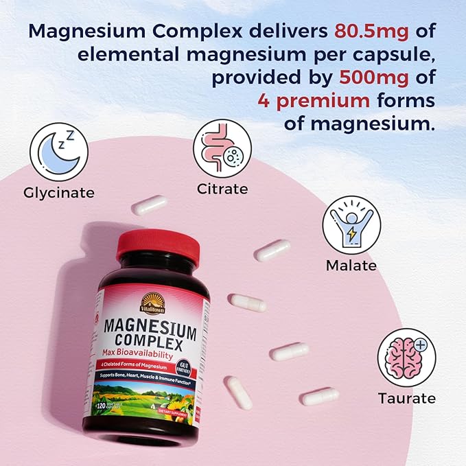 Vitalitown Magnesium Complex Supplement 500mg - Maximized Absorption Chelated Magnesium Glycinate, Malate, Taurate & Citrate - Vegan Non-GMO 120 Capsules for Sleep, Muscle, Energy & Heart