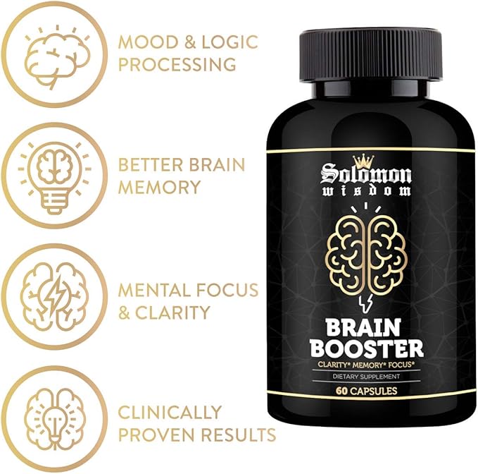 SOLOMON WISDOM Brain Booster – Nootropic Dietary Supplement for Memory Boost – 60 All-Natural Capsules to Enhance Focus & Improve Concentration & Clarity