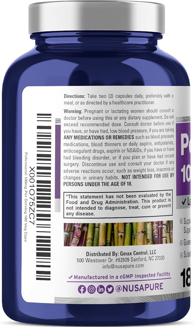 NusaPure Policosanol 100mg 180 Veggie Capsules (Vegan, Non-GMO)