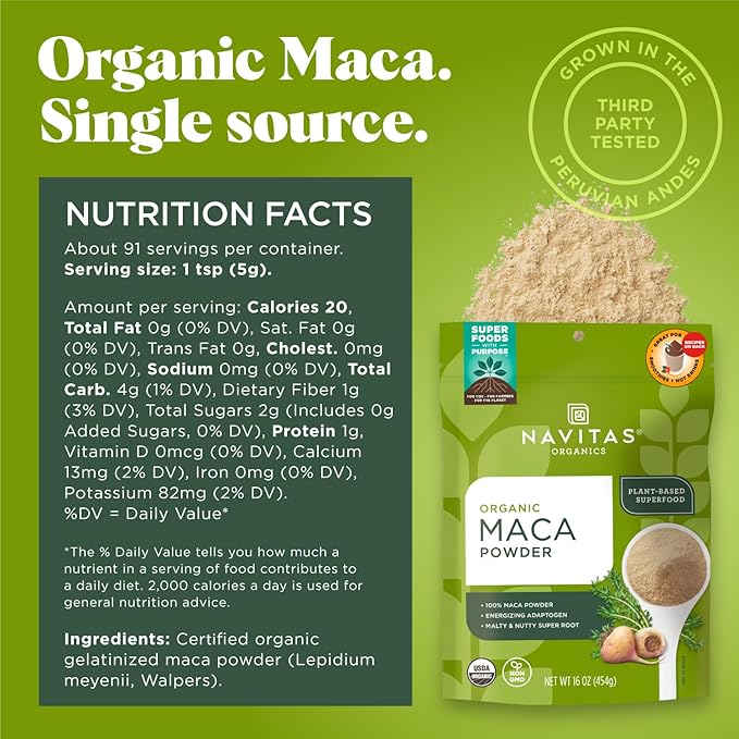 Navitas Organics Maca Powder – 100% Gelatinized Peruvian Maca for Smoothies, Lattes, Baking & More – Energize & Balance - USDA Organic, Non GMO, Vegan, Gluten Free (16oz. Bag, 180 Servings, 2-Pack)