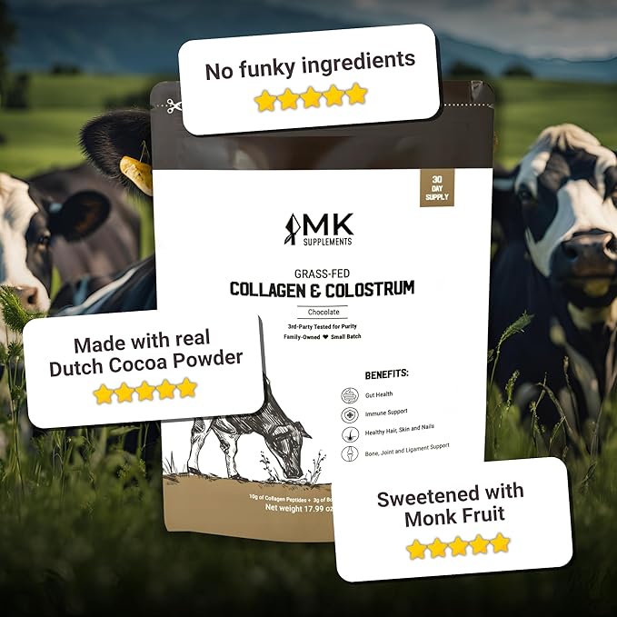 MK Supplements Grass-Fed Collagen & Colostrum Supplement, Chocolate (30 Servings) - Non-GMO, Gluten Free, Supports Gut Health, Immunity, Hair, Skin, Nails, Joints