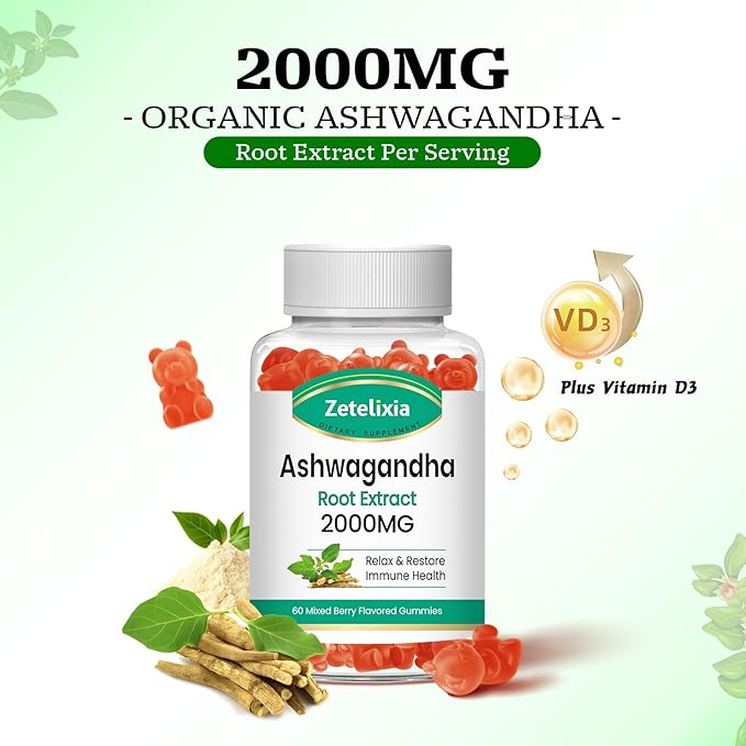 2 Pack Ashwagandha Gummies, Extra Strength Vitamin D3, Organic Ashwa Root Extract Supplement for Calm Mood Relaxation and Immune Support, Mixed Berry Vegan Chews 120 Count