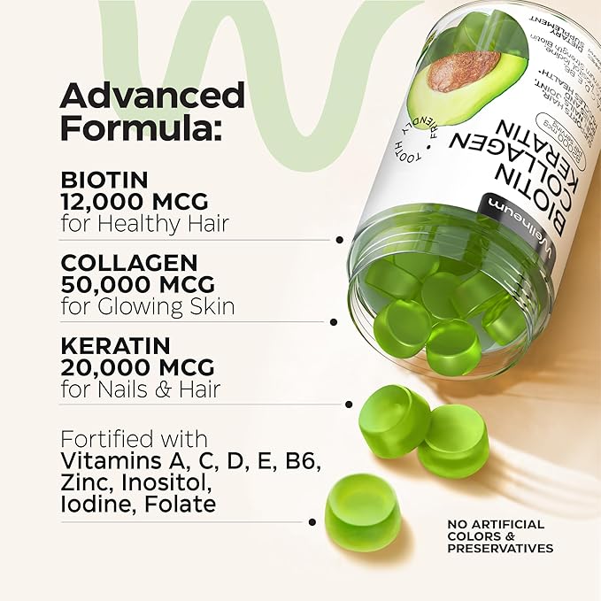 Biotin and Collagen Peptide Gummies for Hair Growth, Skin and Nails - 82000 Mcg per Serving - Biotin Chewables with Keratin Max Strength - Beauty Gummies for Women and Men - Vegan, Sugar Free, Non-GMO