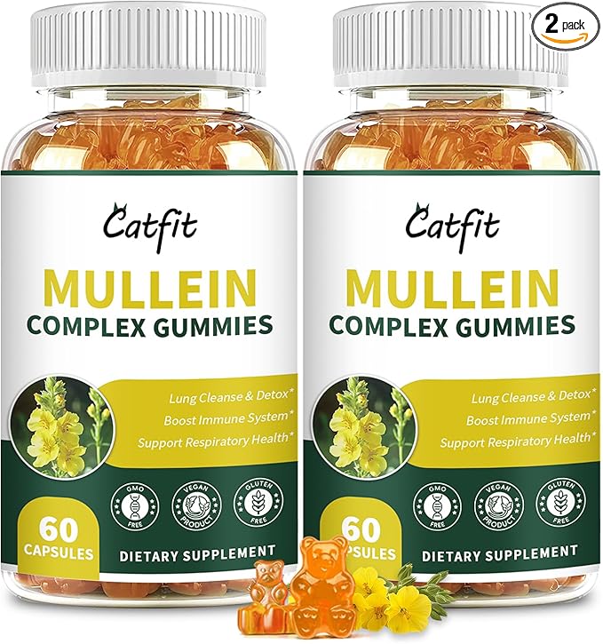(120 pcs) Mullein Gummies for Lungs Detox– Mullein Leaf Extract with Quercetin, Elderberry for Respiratory & Immune Support, Breathing & Lung Cleanse for Smokers, Vegan, Pineapple Flavor, (2 Pack)