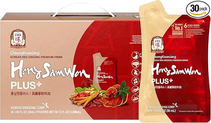 HongSamWon Plus - Korean Red Ginseng Tea, Pre and Post Workout Herbal Energy Drink with Jujube & Reishi Mushroom - Caffeine Free, Gluten Free, Non-GMO (30 Pouches, 1.69 fl oz)