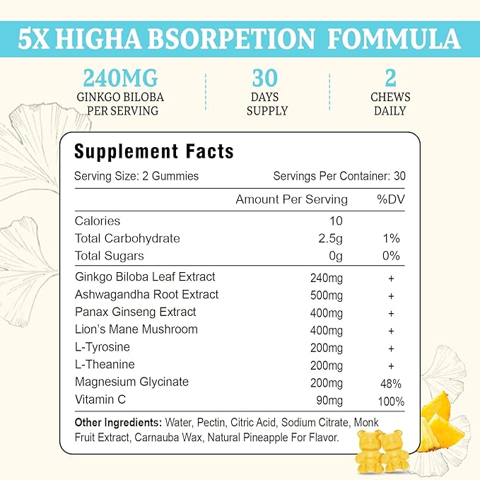 240MG Ginkgo Biloba Gummies | 120 Gummies | Improve Mood and Focus, Brain Health| Pineapple Flavor | Vegan, Non-GMO, Gluten Free Supplement