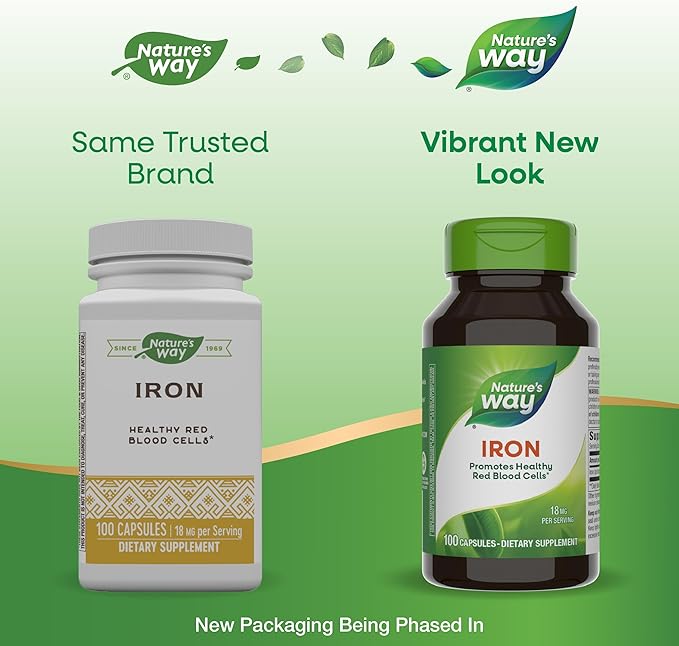 Nature's Way Iron, Promotes Healthy Red Blood Cells*, 18 mg Iron from Iron Gluconate Per Serving, Gluten Free, 100 Capsules (Packaging May Vary)