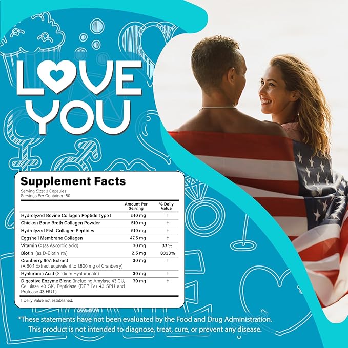 Love You Premium Collagen Capsules – Types I, II, III, V & X – Hair, Skin, Nails, Joints & Gut Support – Hydrolyzed Bovine Collagen Peptides – Grass-Fed, Non-GMO, 120 Capsules, USA Made