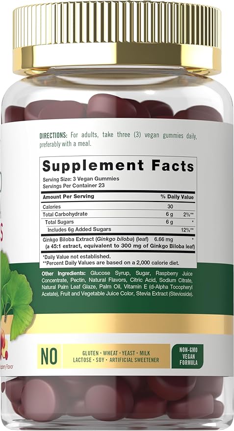Carlyle Ginkgo Biloba 300mg | 70 Gummies | 45:1 Leaf Extract | with Peach Raspberry Flavor | Vegan, Non-GMO, Gluten Free Supplement