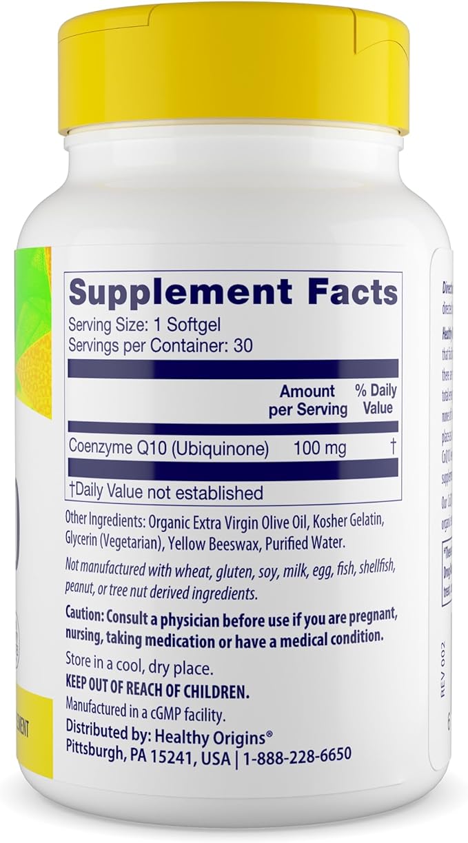 Healthy Origins® CoQ10 100 mg – Natural Trans-Isomer Ubiquinone – Yeast Fermented, Supports Heart Health & Cellular Energy – Non-GMO 30 Softgels