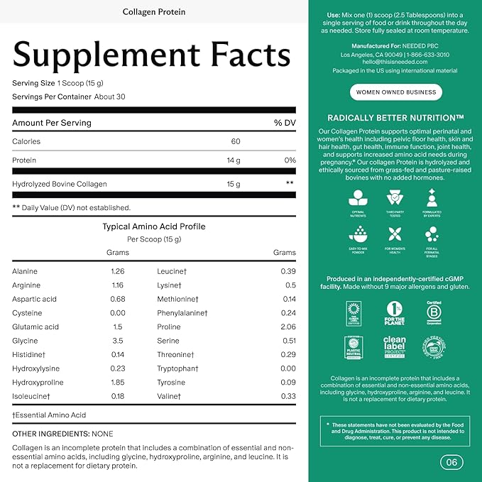 Needed. Expertly-Formulated & Tested Prenatal Hydrolyzed Collagen Protein Powder for Pregnancy, Breastfeeding, & Postpartum | Grass-fed, Pasture-Raised, Hormone-Free | 1lb