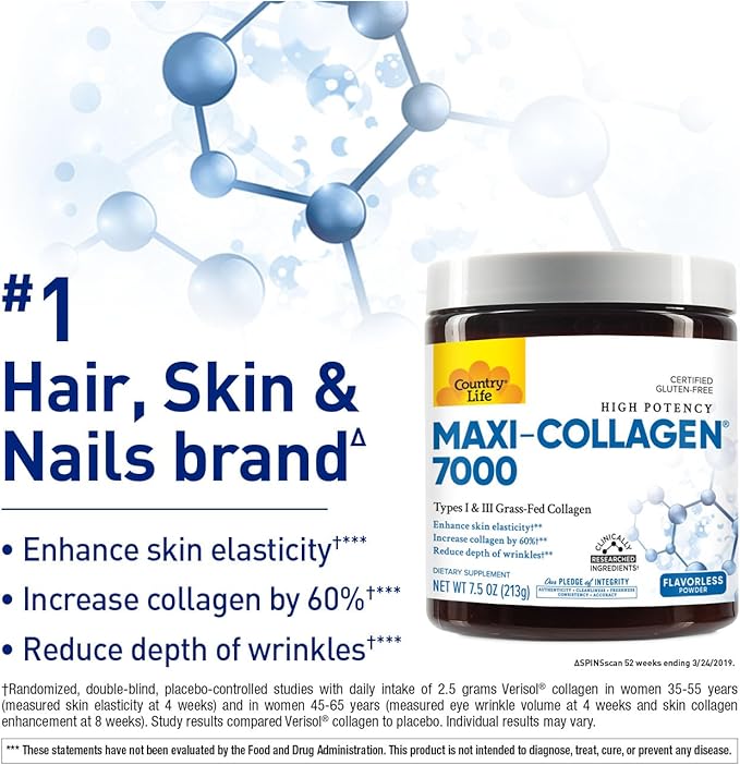 Country Life Maxi-Collagen 7000 Powder - Verisol Bioactive Collagen Peptides, Vitamin C, A & Biotin, 4,500 mg Types I & III Grass-Fed Collagen - Supports Skin, Hair, Nails & Joint Health, 7.5 oz