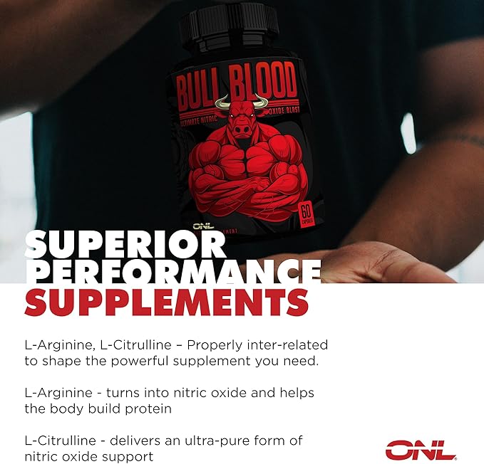 Bull Blood Nitric Oxide Supplement for Men - Nitrous Oxide Booster - L Arginine Pills - Pre Workout & Blood Flow for Men - Nitric Oxide Booster for Enhancing Male Strength & Energy - 60Ct