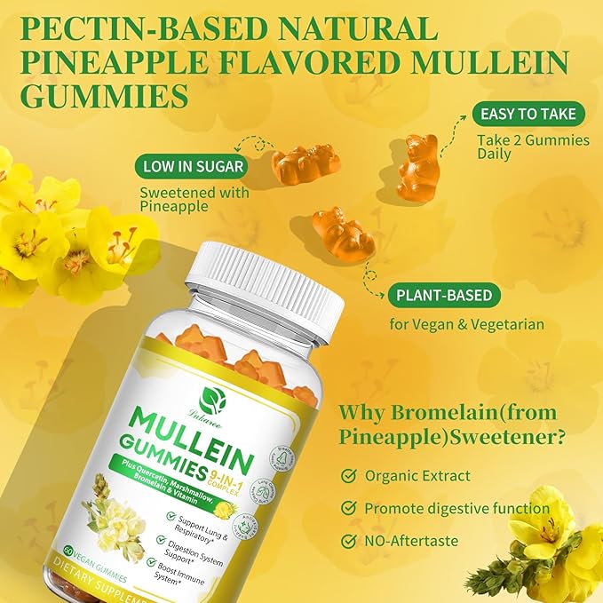 (2 Pack) 9 in 1 Mullein Gummies for Lung Cleanse & Detox, Extra Strength Mullein Leaf Extract w/Quercetin, Bromelain, Elderberry & Marshmallow for Respiratory, Immune & Digestive, Vegan,120 Count