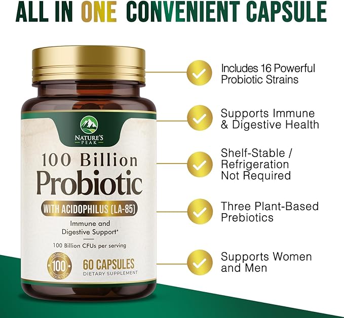 Probiotics for Women's Digestive Health - 100 Billion CFU, 16 Strains with Prebiotics, Supports Immune, Gut Health, PH, Gas & Bloating, Best Probiotic for Women & Men, Shelf Stable - 60 Capsules