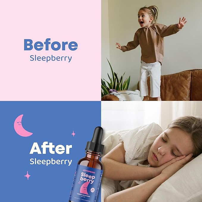 JoySpring Sleepberry Kids Melatonin 3 mg – Liquid Sleep Aid with L Theanine, High Absorption Berry Drops (2 fl oz) 60 Servings, Children's Melatonin with Vitamin D Kids Travel Essentials