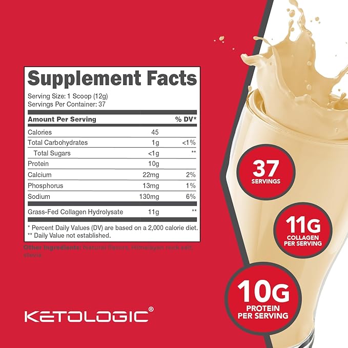 Ketologic Grass Fed Collagen Hydrolysate Powder (Vanilla) (1 LB) - 37 Servings, 11 G Collagen Per Serving, 10 G Protein Per Serving - Grass-fed Collagen Peptides