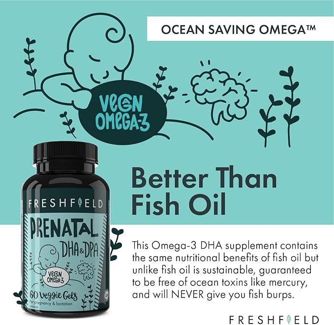 Freshfield Vegan Omega 3 DHA: Sustainable, Carrageenan Free, Third Party Tested, Compostable Bottle, Carbon Neutral. Supports Heart, Brain, Joint Health w/DPA (Prenatal 60 Count (Pack of 1))