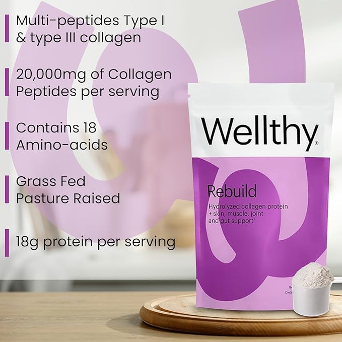 Wellthy Collagen Peptides Protein Powder - Grass Fed Hydrolyzed Collagen for Hair Growth, Skin, Nails, Gut and Joint Support - 20,000mg Collagen & 18g Protein | Unflavored (15 Servings)