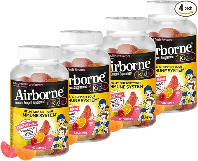 Airborne Kids 500mg Vitamin C Gummies, Kids Immune Support Zinc Gummies with Powerful Antioxidants VIT C & E - 63 Gummies, Assorted Fruit Flavor (Pack of 4)