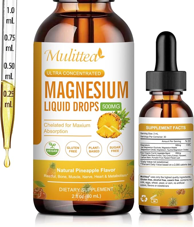 Magnesium Liquid Drops - High Absorption 5-in-1 Magnesium Complex Supplement with Magnesium Glycinate, Malate, Citrate, Taurate - for Bone, Muscles, Nerves & Energy - Vegan, Sugar Free, 2 Fl.oz