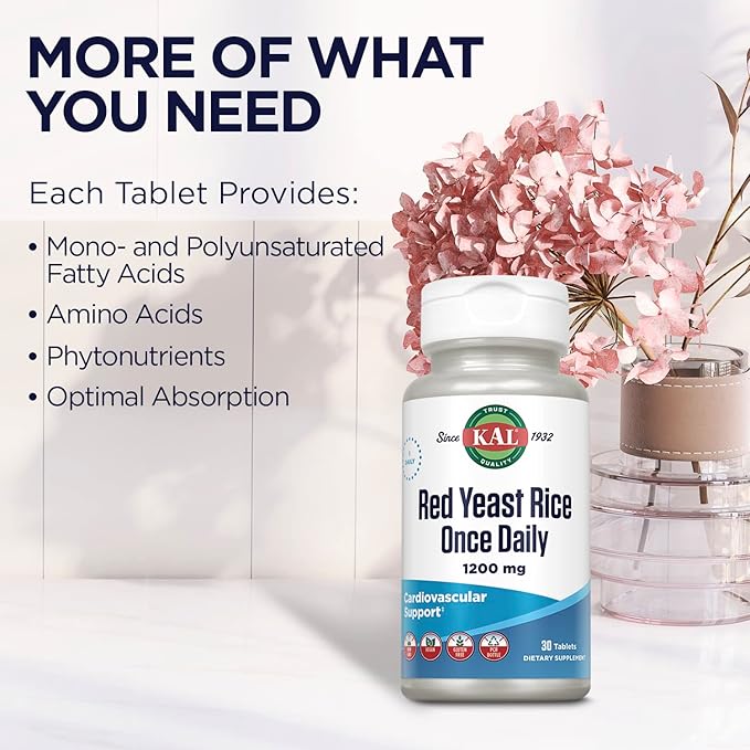 KAL Red Yeast Rice Once Daily 1200mg, Cardiovascular Support* Supplement with Naturally Occurring Unsaturated Fatty Acids, Amino Acids & Phytonutrients, Vegan, Gluten Free, 30 Servings, 30 Tablets