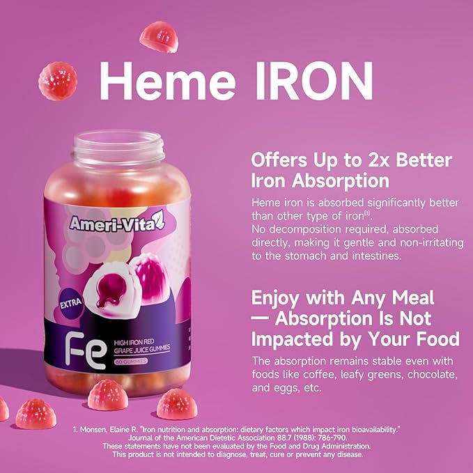 Heme Iron Supplement Gummies for Women Anemia Men with Vitamins C B12 B6 Folate Salmon Peptides Sugar-Free Non-Constipating Red Grape Flavor Women's Multivitamin with Gentle Iron 60 Count