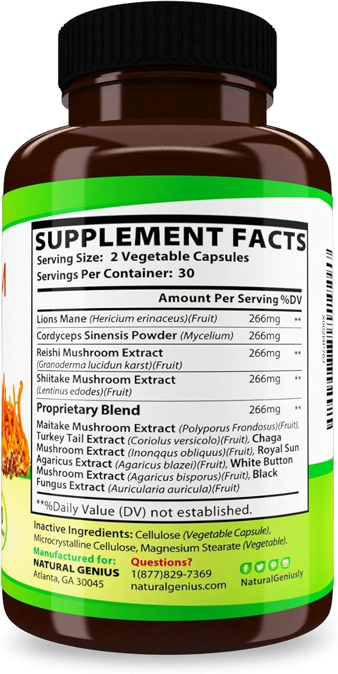 Natural Genius Top 10 Mushroom Extracts - White Button, Lions Mane, Cordyceps, Chaga, Reishi Plus - Immune Booster, Nootropic
