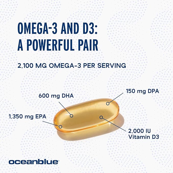 Oceanblue Professional Omega-3 2100 with Vitamin D3 – 120 ct - 2pack – Triple Strength Burpless Fish Oil Supplement with High-Potency EPA, DHA, DPA and Vitamin D3 – Wild-Caught – Orange Flavor