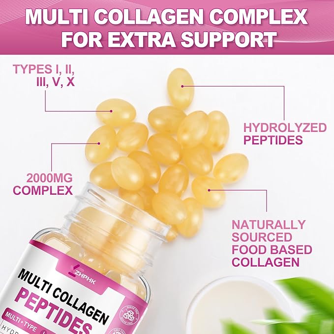 Hydrolyzed Collagen Peptides Pills Mutil Collagen Peptides Colageno Hidrolizado for Women Type I II III V X with Hyaluronic Acid Biotin Vitamin C - Support Skin Hair Nail | 120 Count
