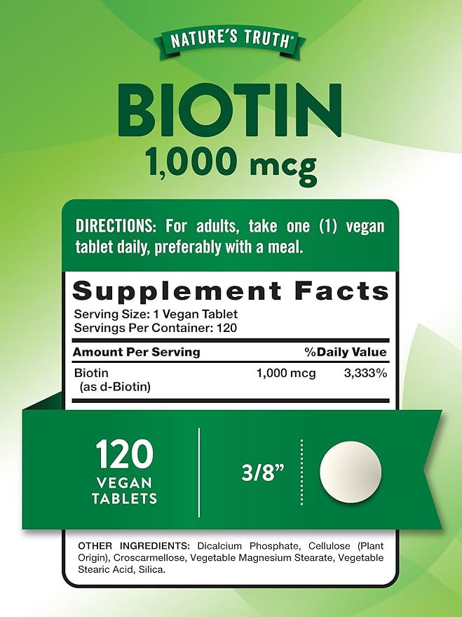 Nature's Truth Biotin 1000mcg | 120 Tablets | Vegan, Non-GMO, Gluten Free Supplement