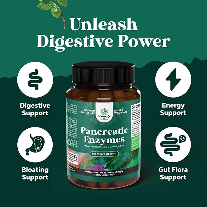 Pancreatin Digestive Enzymes Digestion for Gut Health - Pancreatic Digestive Enzymes for Women & Men with Protease, Lipase & Amylase - Bloating, Stomach Health, Fat, Carb & Protein - 60 Count