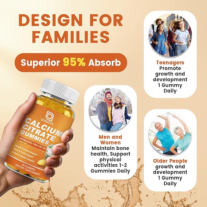 GONGOTA Calcium Citrate 1200mg with Vitamin D3 Gummies, Chewable Calcium for Bone, Muscle, Joints, Immune Support, Calcium Supplements for Women & Men,Sugar Free, Pineapple Flavor - 120 Gummies