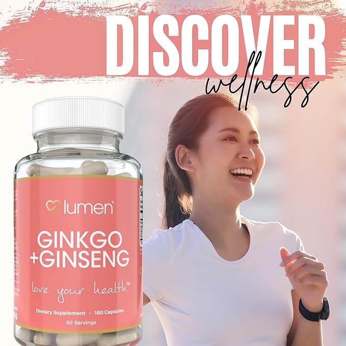 Ginkgo + Ginseng for Women – with Red Asian Ginseng Extract & Ginkgo Powder – 180 Veggie Capsules – 60 Servings – Non-GMO, Vegan & Gluten-Free (180 Count (Pack of 1))