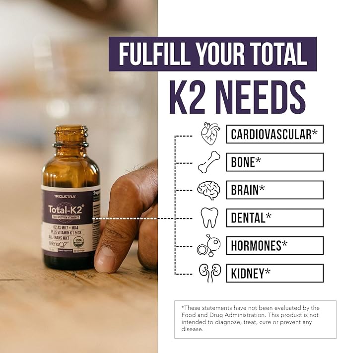 Total K2® | Vitamin K2 as MK7 & MK4 | Plus K1 & Vitamin D3 Cofactor - 620 mcg K2 per Serving - All-Trans MK7 from MenaQ7® - Full-Spectrum Vitamin K - Vegan, Organic Certified (Liquid 1 oz)
