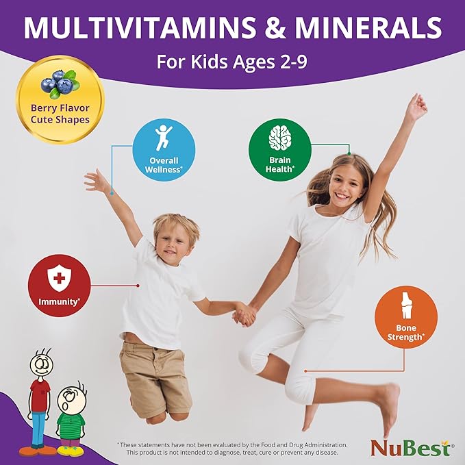 NuBest Tall Kids - Toddlers Vitamins and Kids Vitamins for Age 2 to 9 - Support Bone Strength, Overall Health and Immunity - Animal Shapes - 90 Chewable Berry Tablets | 2 Pack