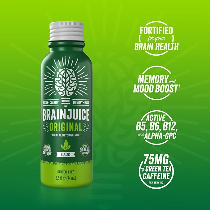 BrainJuice Brain Support Shot, Gluten Free Supplement Shots for Energy & Focus, Healthy Drinks with Alpha GPC, Vitamin B & Organic Green Tea Extract Caffeine, Classic, 2.5 fl oz, 12 Pack