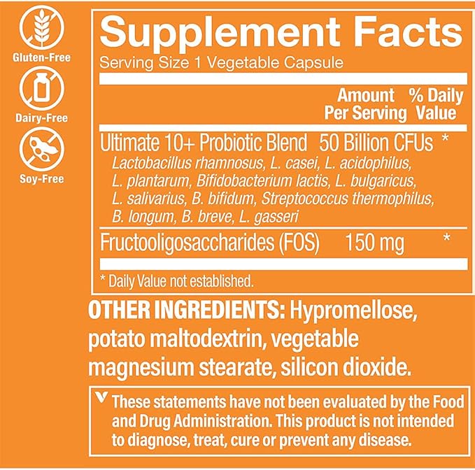 The Vitamin Shoppe Ultimate 10+ Probiotics, 50 Billion CFUs for Digestive Health, Immune Support and Respiratory Health (30 Vegetable Capsules)